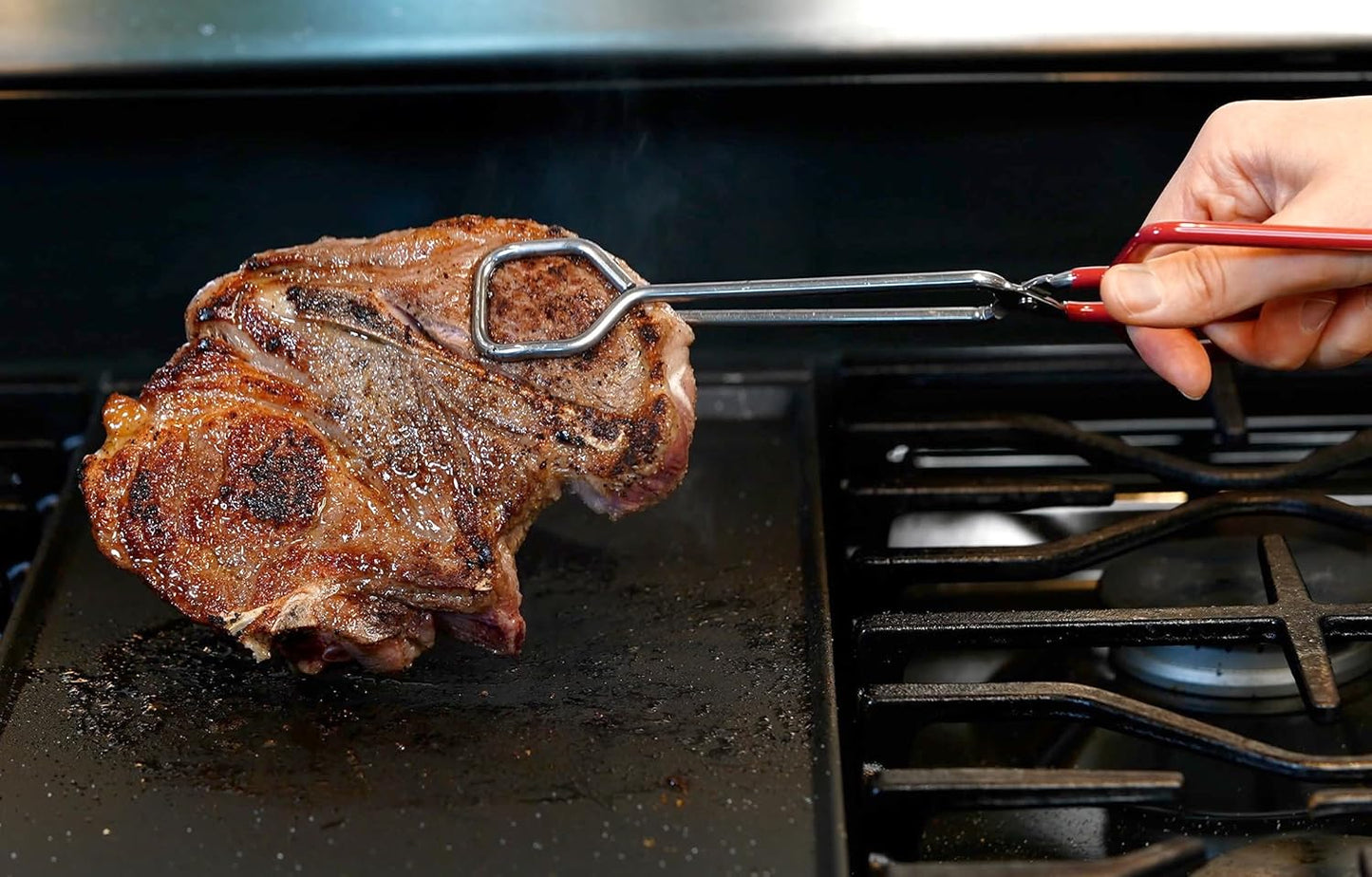 10-Inch Heavy Duty Stainless Steel Kitchen Tongs - Non-Slip Comfortable Red Grip, Scissor Design, Heat Resistant for BBQ and Cooking, Set of 3