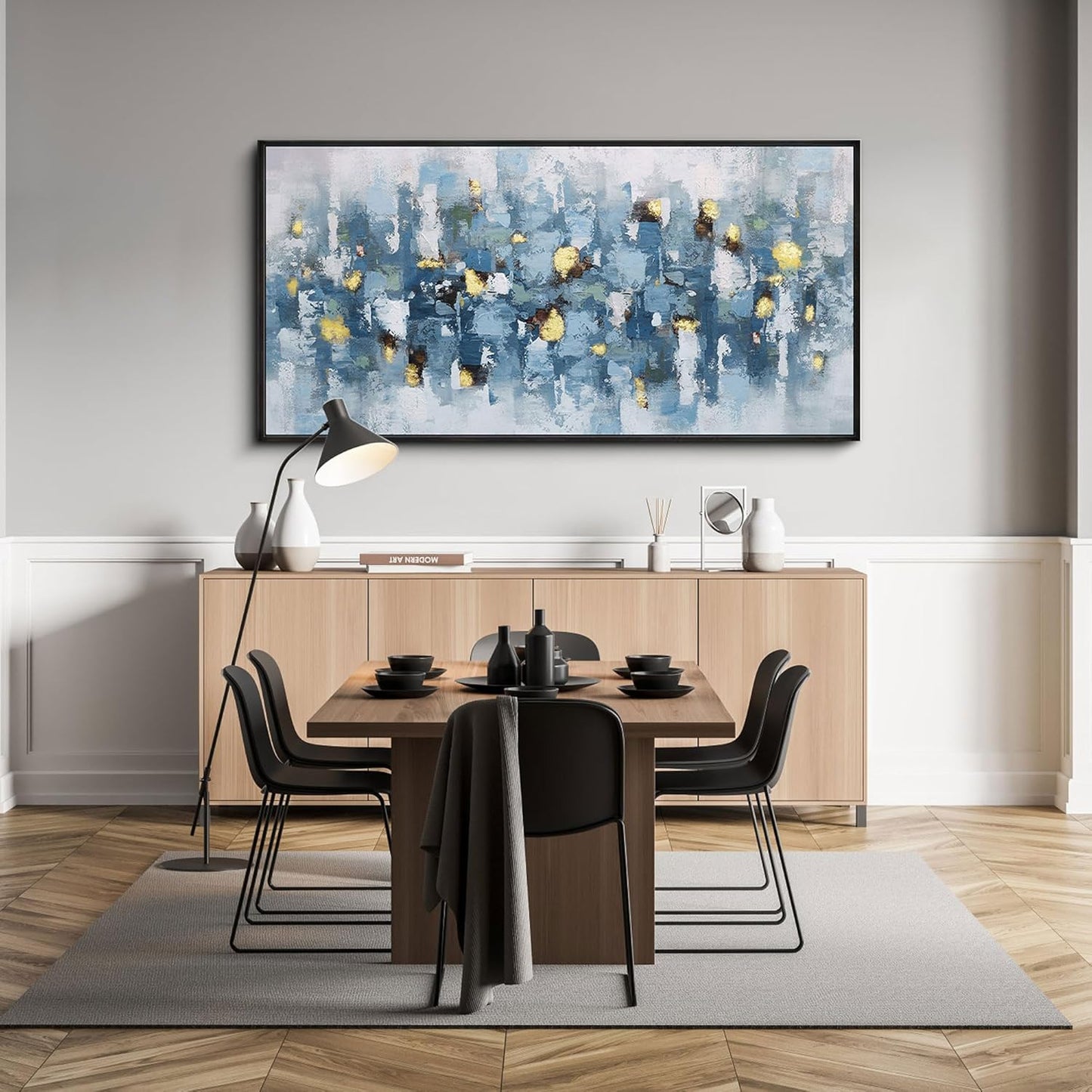 KLAKLA Blue and White Abstract Wall Art - Living Room Wall Decor Gold Picture Artwork for Walls Prints Paintings Framed Canvas Bedroom Office Guest Room Home Decoration 48x24 Inches