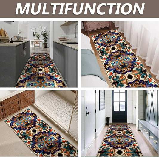 Washable Corridor Runner Rug, Non-Slip Vintage Hallway Rug Runner with Upgrade Rubber Backing, Stain Resistant Faux Wool Distressed Carpet for Bedroom Kitchen Laundry Corridor Balcony (94.5" x 23.6")