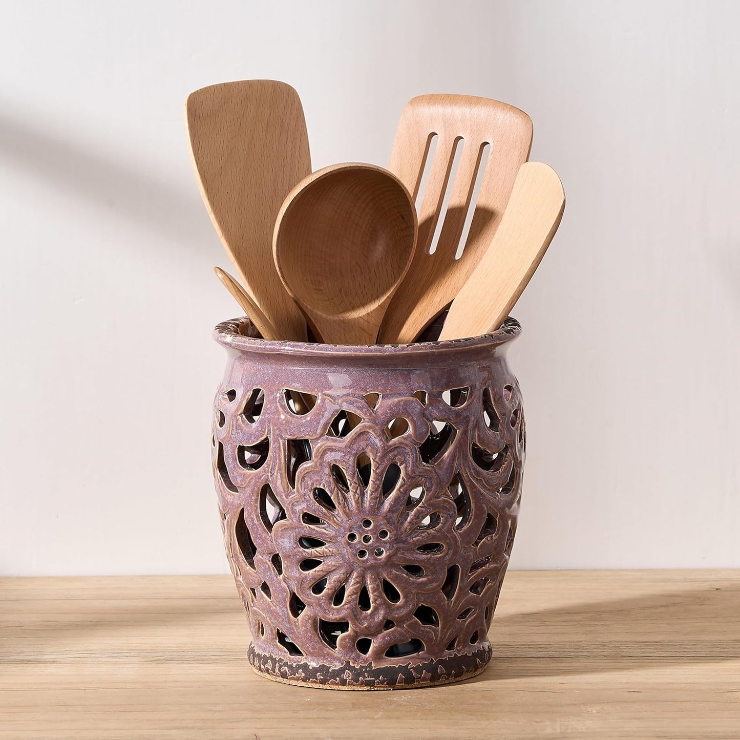 Farmhouse Kitchen Utensil Holder for Kitchen Counter, Ceramic Large Cooking Utensil Crock with Cork Mat, Decorative Rustic Utensil Organizer for Countertop, Spatula, Antique Purple