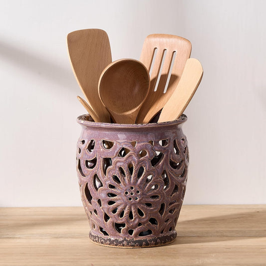 Farmhouse Kitchen Utensil Holder for Kitchen Counter, Ceramic Large Cooking Utensil Crock with Cork Mat, Decorative Rustic Utensil Organizer for Countertop, Spatula, Antique Purple