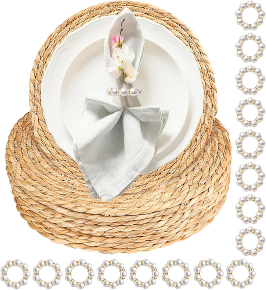 20 Pcs 13 Inch Round Woven Placemats with 20pcs Pearl Napkin Rings，Rattan Placemats Bulk Boho Woven Chargers Natural Water Hyacinth Place Mat for Wedding Party, Dinner Table