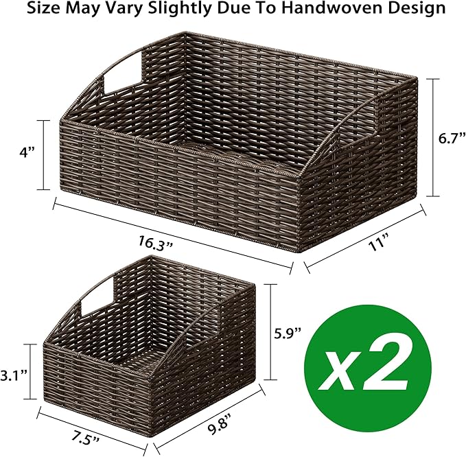 Ollieroo Rattan Storage Baskets, Handwoven Wicker Storage Bins with Built-in Handles, Storage Container Baskets for Shelves, Bedroom, Bathroom, Laundry Room or Kitchen(Brown)