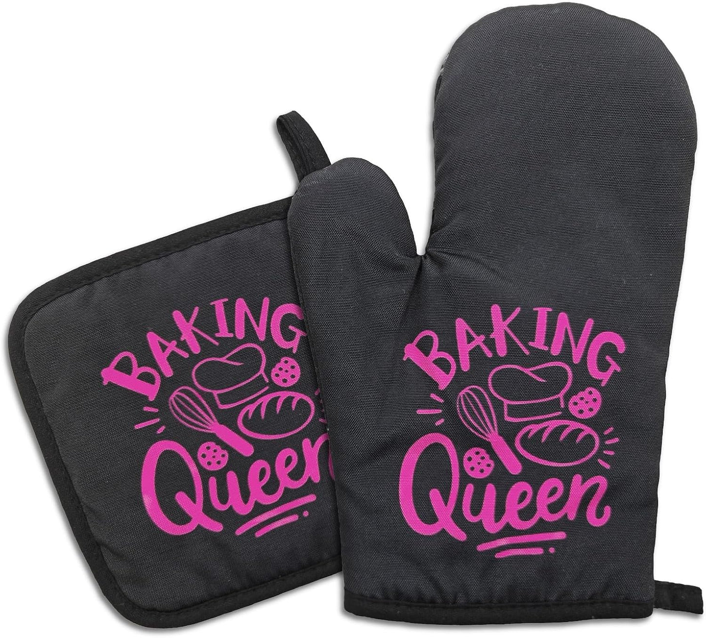 Funny Oven Mitts and Pot Holders（Set of 2） Baking Queen Oven Mitts for Kitchen Decor Silicone Non-Slip Oven Mitts Kitchen Gifts for Women Hostess Great Housewarming Gifts for Family Friend