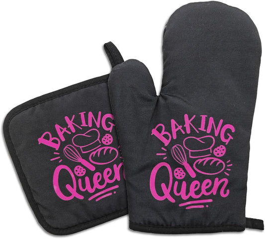 Funny Oven Mitts and Pot Holders（Set of 2） Baking Queen Oven Mitts for Kitchen Decor Silicone Non-Slip Oven Mitts Kitchen Gifts for Women Hostess Great Housewarming Gifts for Family Friend