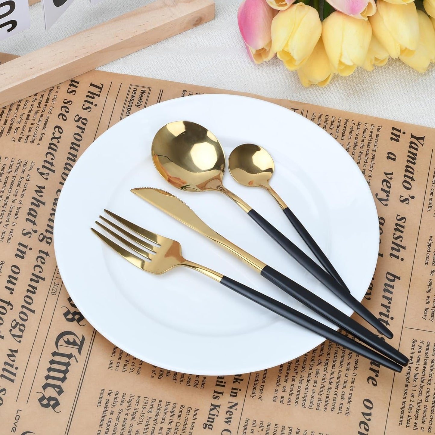 24-Piece Black Golden Flatware Set, Gold Silverware Set for 6, 18/0 Stainless Steel Knife Fork Spoon Teaspoon Silverware Set (Black Golden)