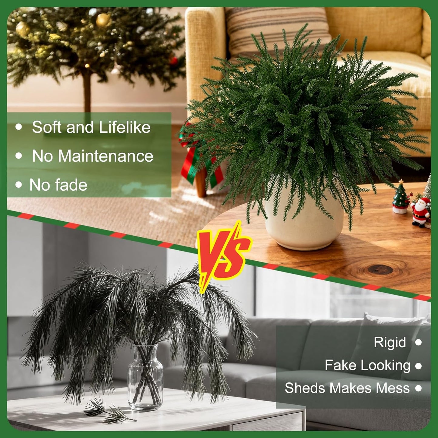Artificial Norfolk Pine Stems for Christmas Decorations, 10 Pcs 18 inch Fake Pine Branches for Vases Garland Real Touch Faux Greenery Evergreen Plants for Xmas Home Decor Indoor Winter