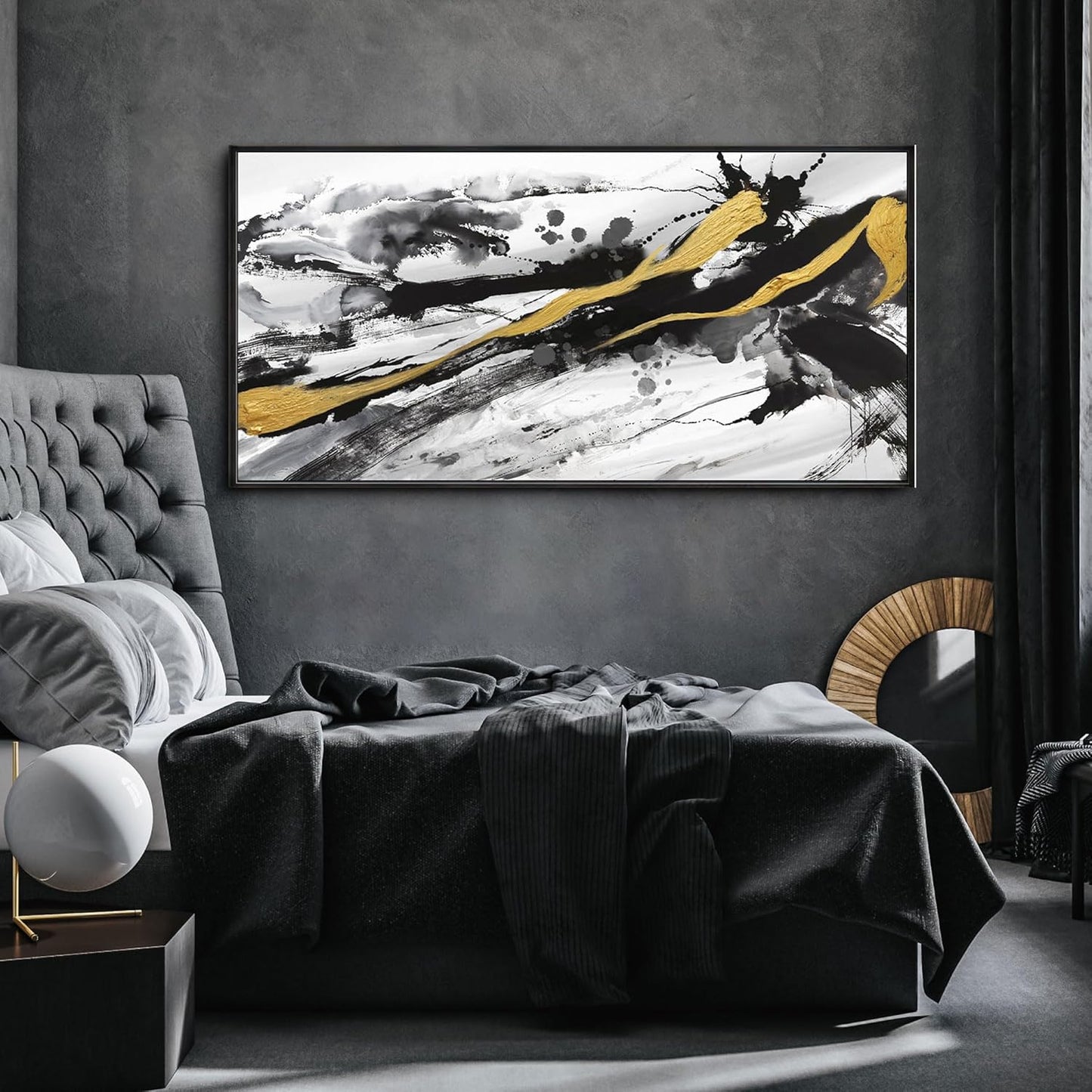 XLSJERST Black and White Abstract Wall Art - Large Frame Canvas Wall Art for Living Room Bedroom Modern Gold Ink Painting Style Picture Artwork for Wall Decor Size 24x48 Inches