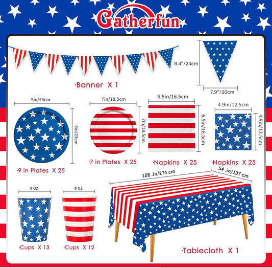 4th of July American Flag Patriotic Party Supplies Disposable Paper Plates Napkins Cocktail Napkins Cups Tablecloth and Banner for Election Day 4th of July Independence Day Decorations, Serve 25