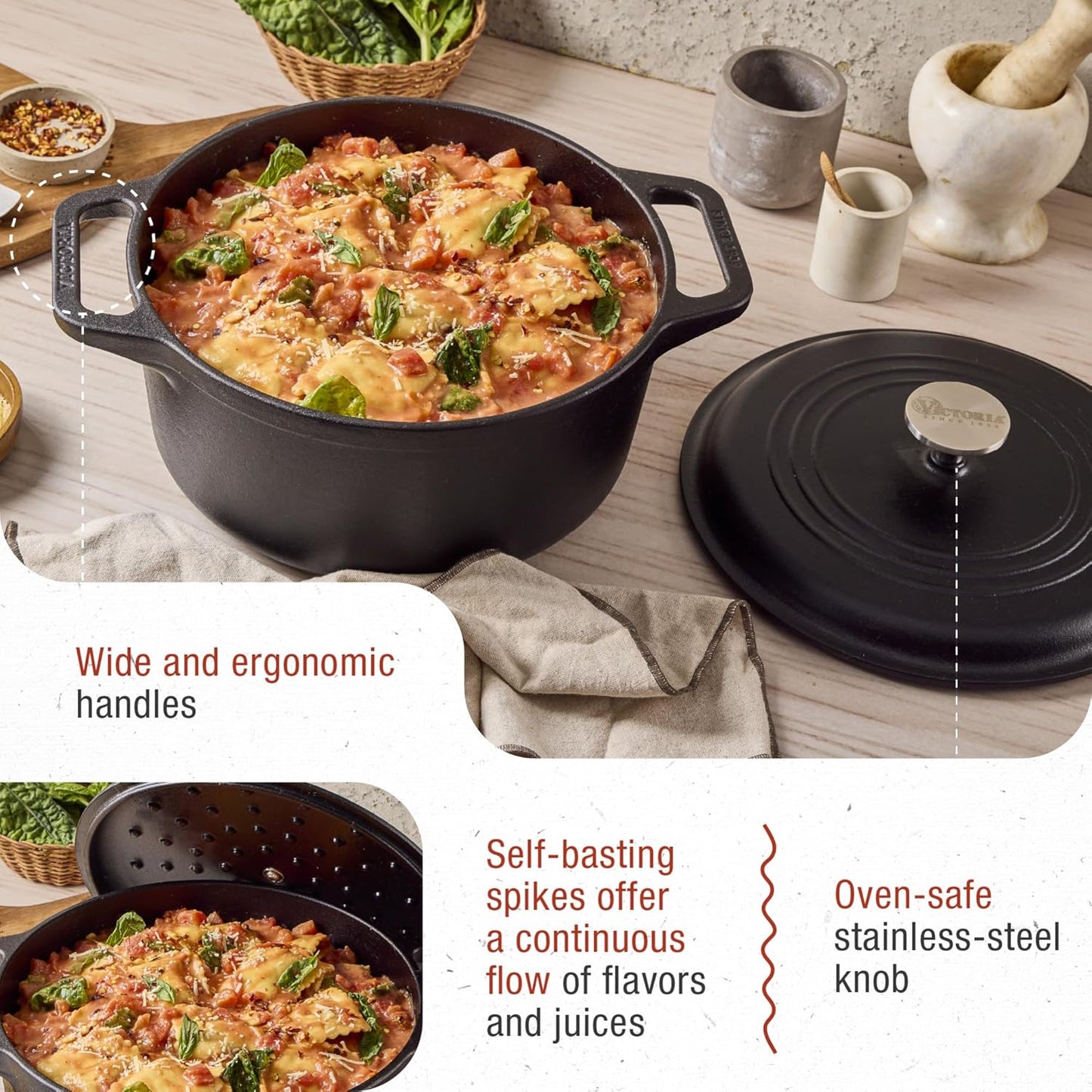 Victoria Cast Iron Large Dutch Oven with Lid and Dual Handles. 7 Quart Pot Seasoned with 100% Kosher Certified Non-GMO Flaxseed Oil