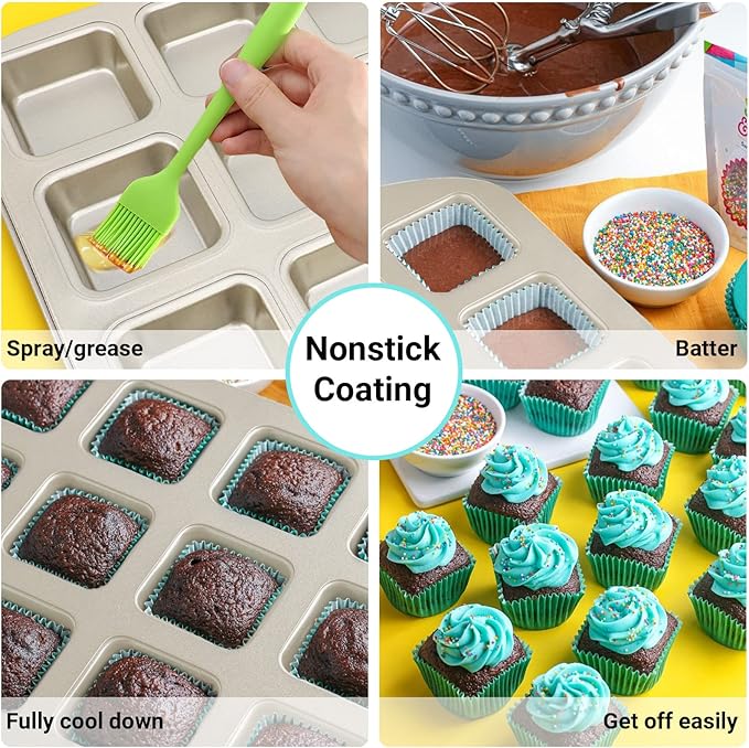 Beasea Brownie Pan with Dividers, 1 Set Gold All Edges Square Cupcake Brownie Pans 12 Cavity Mini Non Stick Baking Carbon Steel Bread Mold Small Edge 3x4 Individual Cutter Sheet Tray for Cake Oven