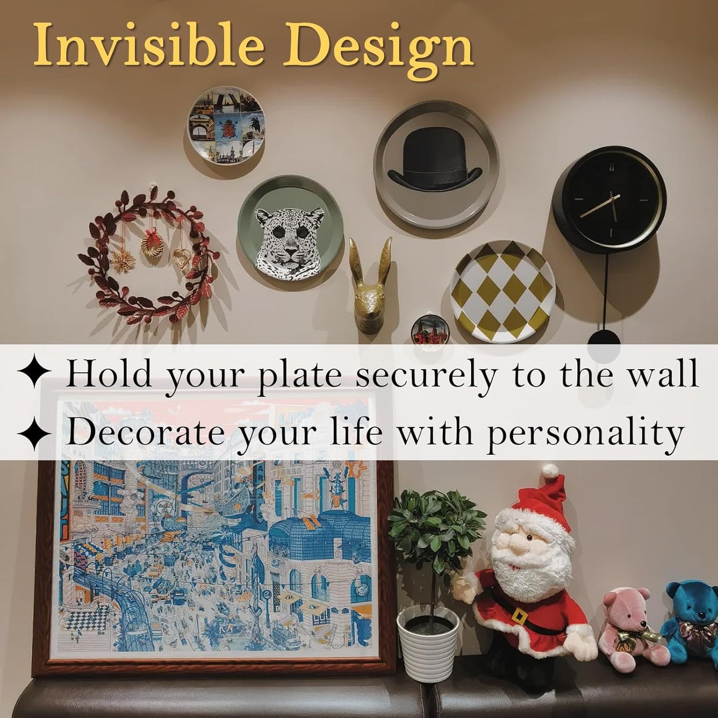 18 Pack Invisible Plate Hangers for The Wall, Vertical Adhesive Wall Plate Hangers for Display, Art, Pictures, Decorative, 2.25 Inch