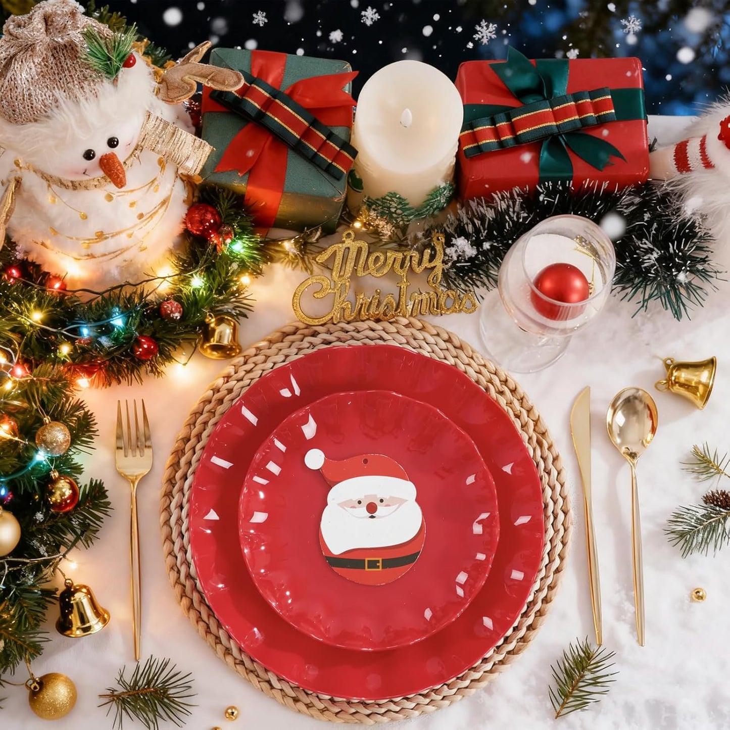 LIYH 50 Pcs Red Plastic Plates Reusable Christmas Plastic Plates Unbreakable Holiday Dinnerware Set Scalloped Plate for Christmas Day,Dishwasher Safe BPA Free (25Guests)