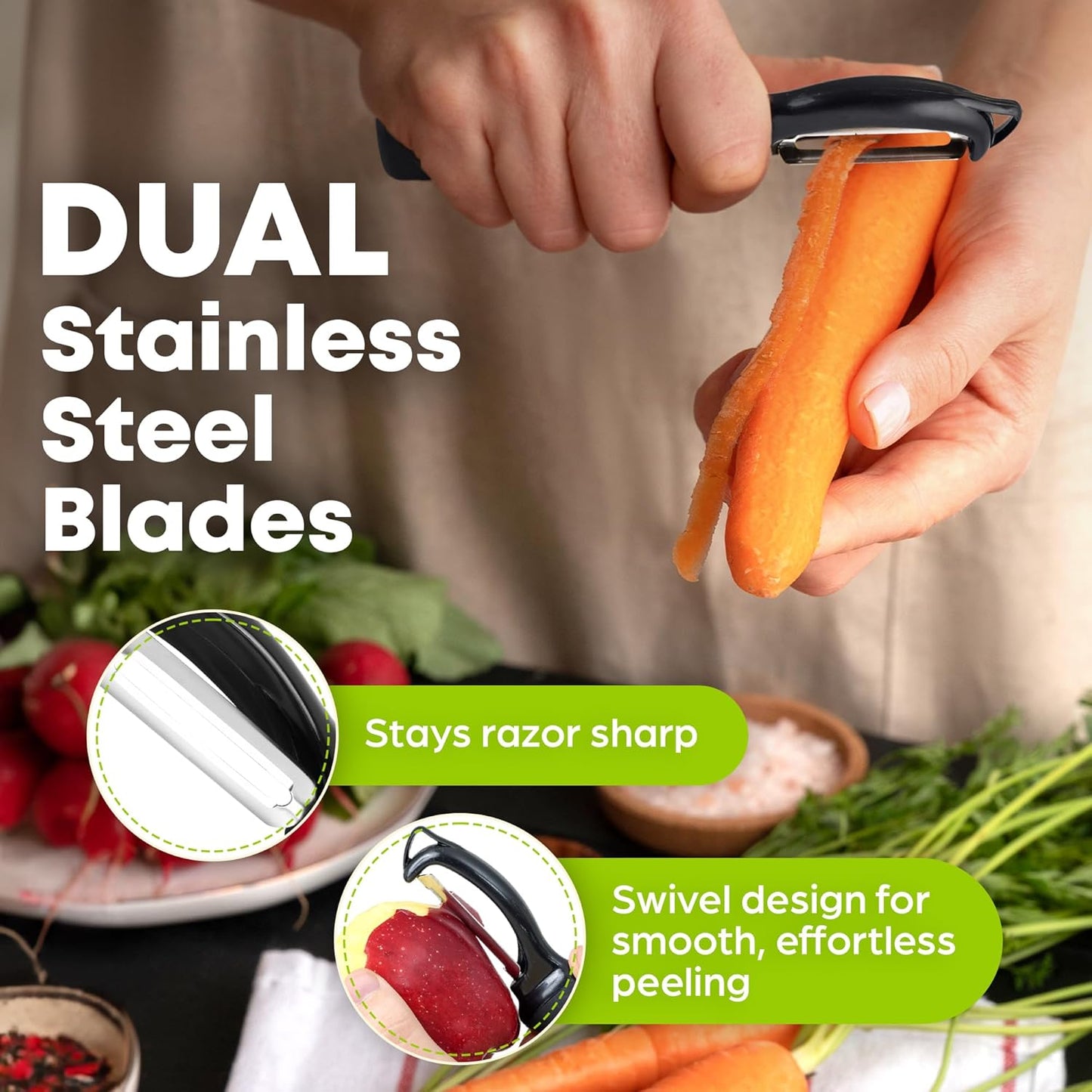 Zulay Kitchen Swivel Vegetable Peeler - Stainless Steel Potato & Veggie Peeler with Comfortable Grip - Built In Blemish Remover - Black