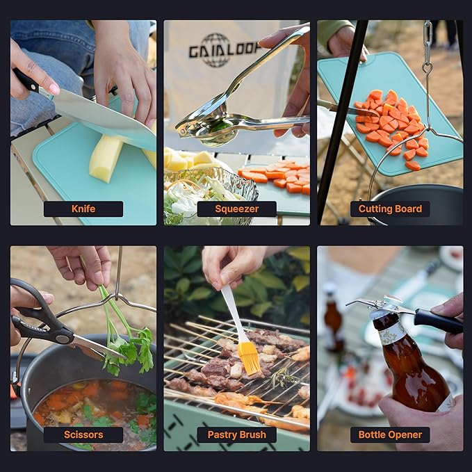 Camping Cooking Utensils Set Grilling Cookware Camp Kitchen Rotating Marshmallow Roasting Sticks BBQ Forks, Portable RV Camping Essentials Camper Must Haves for Cookouts Open Fire Pit