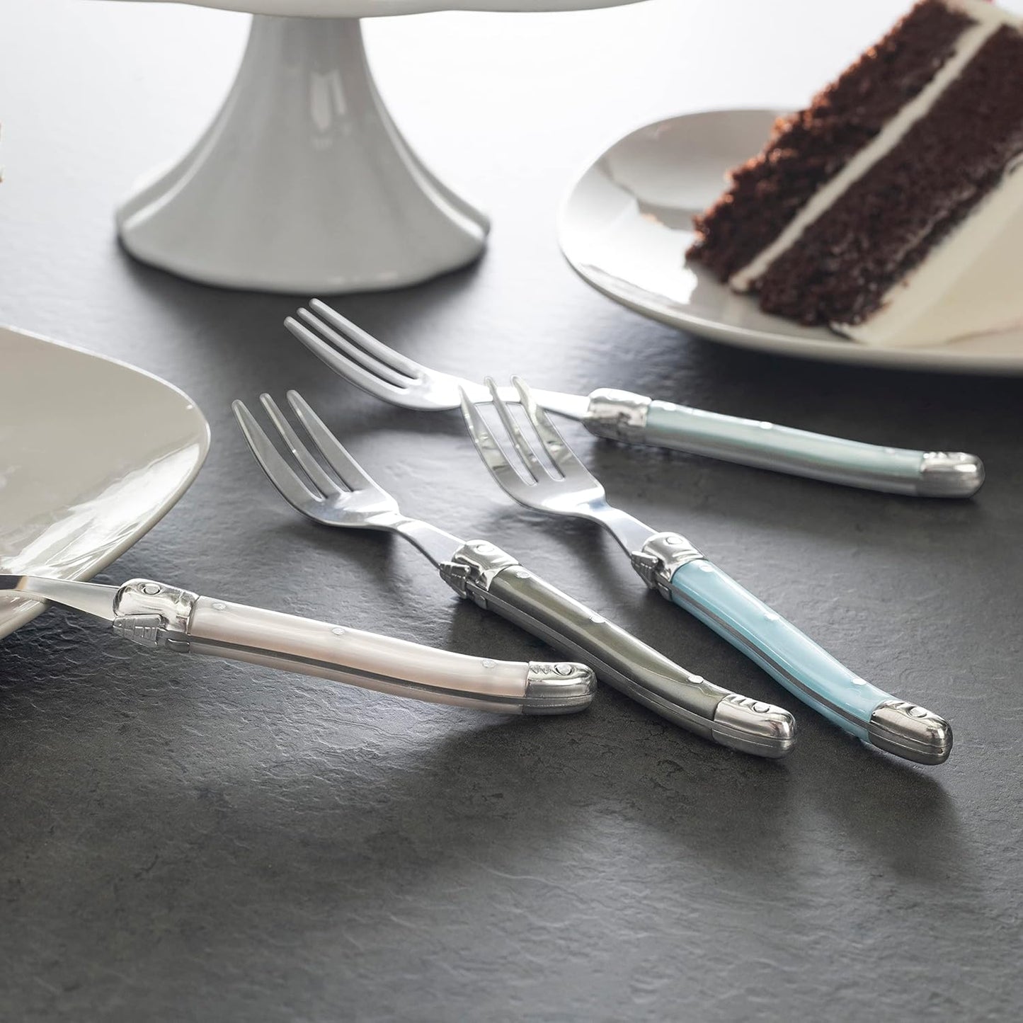 French Home Laguiole 4-Piece Cake Forks Set – Sophisticated Stainless Steel Forks with Mother of Pearl Handles – Laguiole Flatware Set for Cake, Fruit, or Appetizers (6.75")