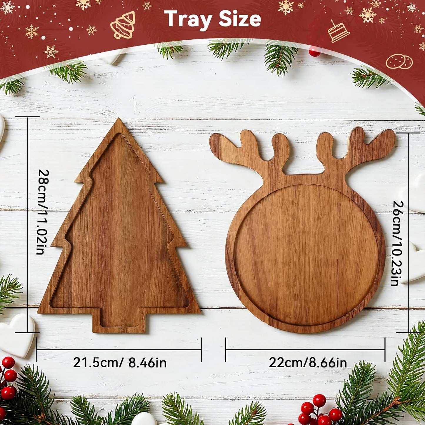 2 Pcs Christmas Charcuterie Boards, Antler & Christmas Tree Wooden Cutting Board with Handle, Acacia Wood Serving Tray for Cheese Fruit Bread Salad Vegetables Snack Dessert