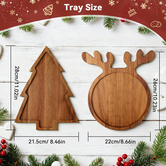2 Pcs Christmas Charcuterie Boards, Antler & Christmas Tree Wooden Cutting Board with Handle, Acacia Wood Serving Tray for Cheese Fruit Bread Salad Vegetables Snack Dessert