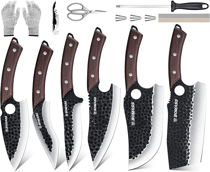 Meat Cleaver Butcher Knife Set of 13, Hand Forged Santoku Knife Paring Knife, High Carbon Steel Kitchen Boning for Meat Cutting with Roll Bag & Accessories Kitchen BBQ Gift for Men