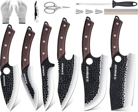 Meat Cleaver Butcher Knife Set of 13, Hand Forged Santoku Knife Paring Knife, High Carbon Steel Kitchen Boning for Meat Cutting with Roll Bag & Accessories Kitchen BBQ Gift for Men