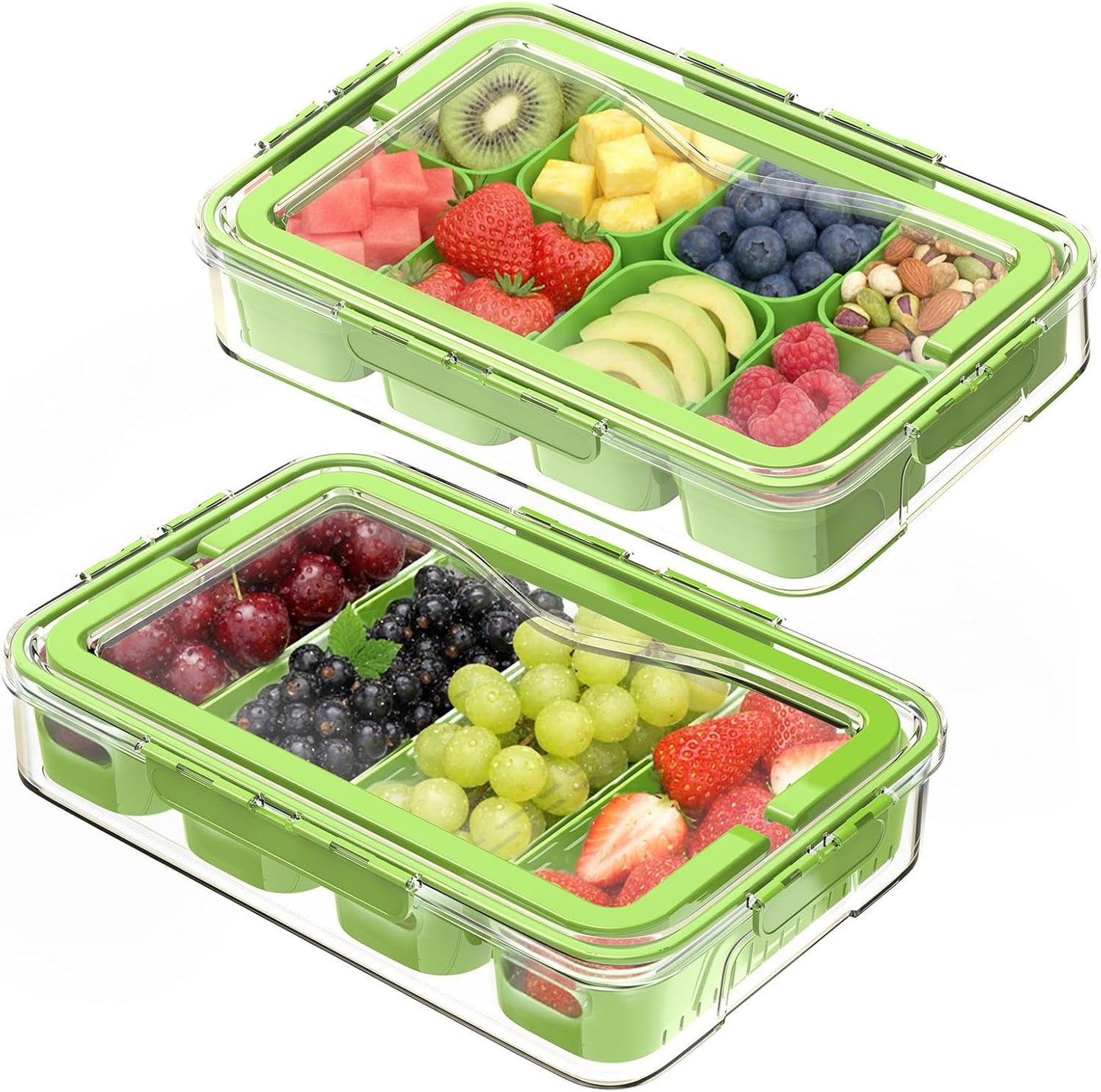 2 Pack Food Divided Storage Containers-Snackle Box Large Charcuterie Container for Portable Fridge Snack Platters-Reusable 12 Compartment Clear Storage with Lid and Handle Organizer(Green)