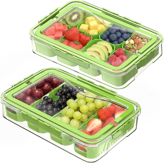 2 Pack Food Divided Storage Containers-Snackle Box Large Charcuterie Container for Portable Fridge Snack Platters-Reusable 12 Compartment Clear Storage with Lid and Handle Organizer(Green)
