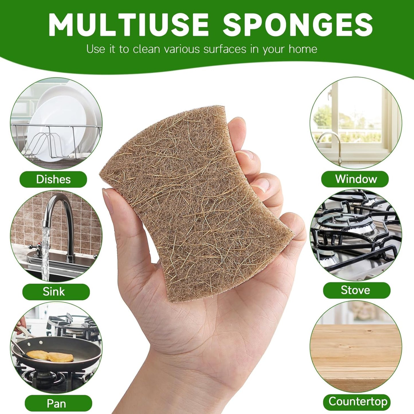 10 Pack Biodegradable Natural Sponges Kitchen - Compostable Cellulose and Coconut Walnut Scrubber Sponge - Non Scratch Eco Friendly Quick Drying Sponges for Dishes