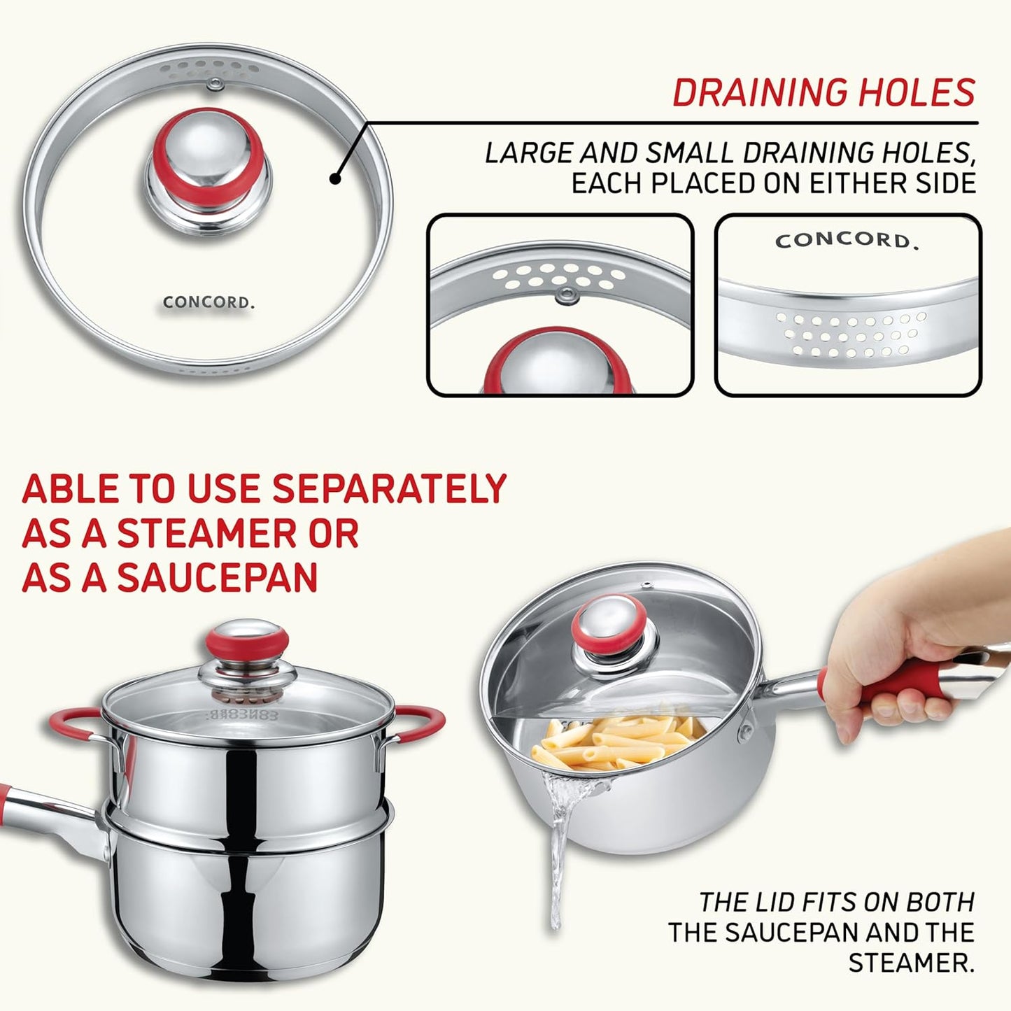 Concord Stainless Steel SIMPLE POUR Saucepan with Steamer Tier. Vented Glass Lid. Features Dual Pouring Spouts and Volume Marking on pot. Perfect for making Sauces, Jam, Ramen, and more (2 Quart)