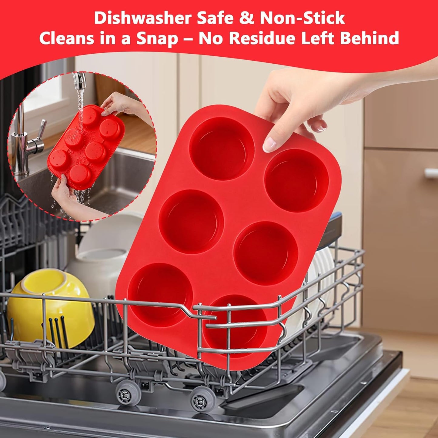 3-Pack 6-Cup Silicone Muffin Pans, Nonstick Cupcake Baking Molds, Muffin Cupcake Pans Molds for Baking, BPA/PFA-Free, Dishwasher & Oven Safe - Red