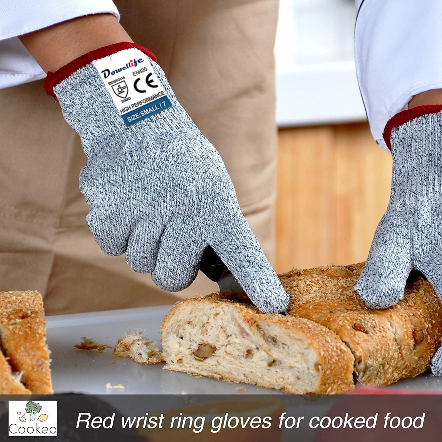 Dowellife Cut Resistant Gloves Food Grade Level 5 Protection, Safety Kitchen Cuts Gloves for Oyster Shucking, Fish Fillet Processing, Mandolin Slicing, Meat Cutting and Wood Carving. (Large-2 Pairs)