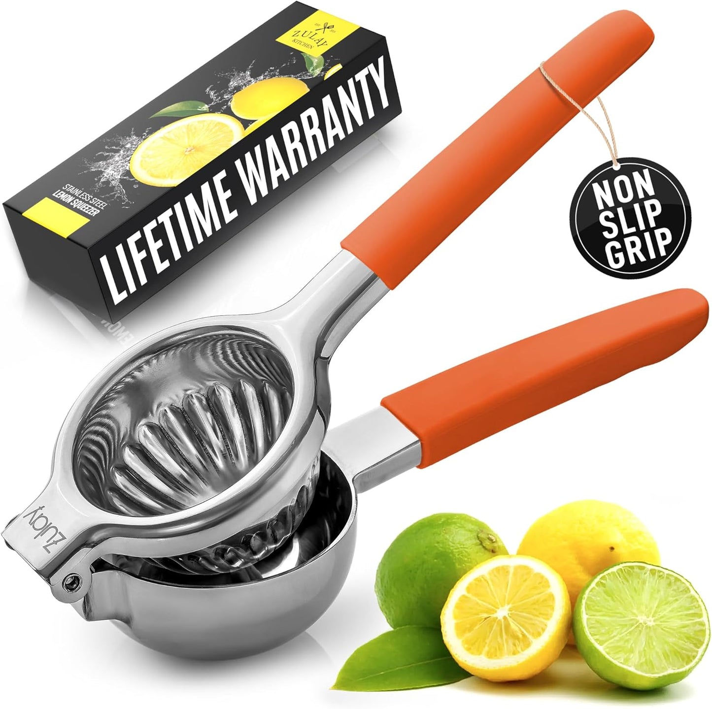 Zulay Kitchen Lemon Squeezer Stainless Steel with Premium Heavy Duty Solid Metal Squeezer Bowl and Food Grade Silicone Handles - Large Manual Citrus Press Juicer and SS Lime Squeezer (Orange)