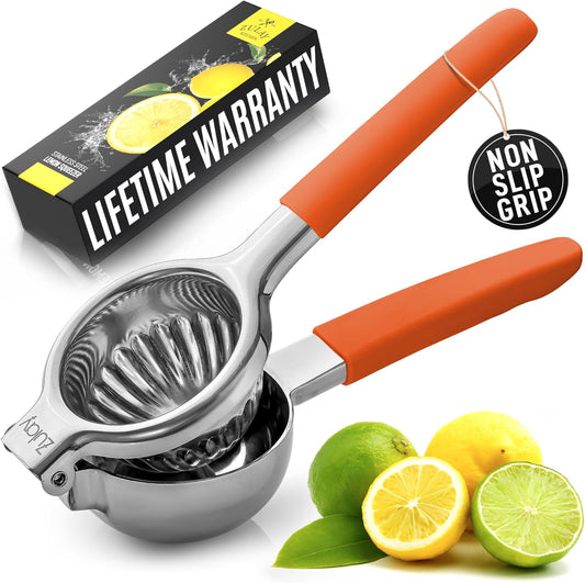 Zulay Kitchen Lemon Squeezer Stainless Steel with Premium Heavy Duty Solid Metal Squeezer Bowl and Food Grade Silicone Handles - Large Manual Citrus Press Juicer and SS Lime Squeezer (Orange)