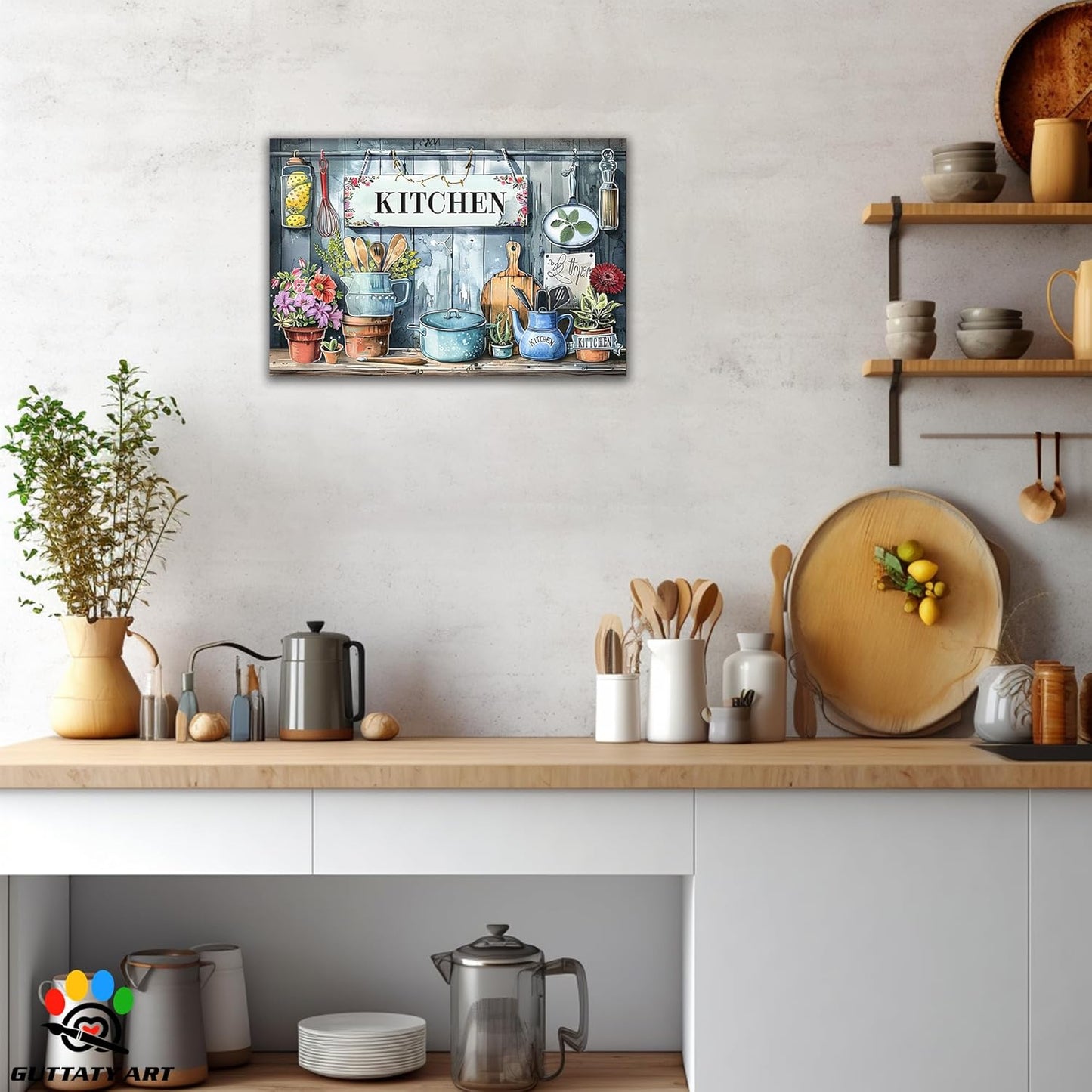GUTTATY Kitchen Pictures Wall Decor, Farmhouse Wall Art Colorful Flowers and Various Spoons Painting for Dinning Room Restaurant Decor, Mother's Day Gift for Grandma Mom Hanging Artwork 12×18 Inch