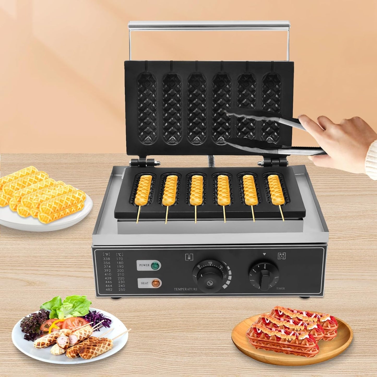 6pcs Hot Dog Waffle Machine,Commercial Nonstick Hot Dog Machine French Muffin Irons Stainless Steel Hot Dog Corn Maker and Waffle Stick Maker 50-300℃ Temp Control Kitchen Equipment