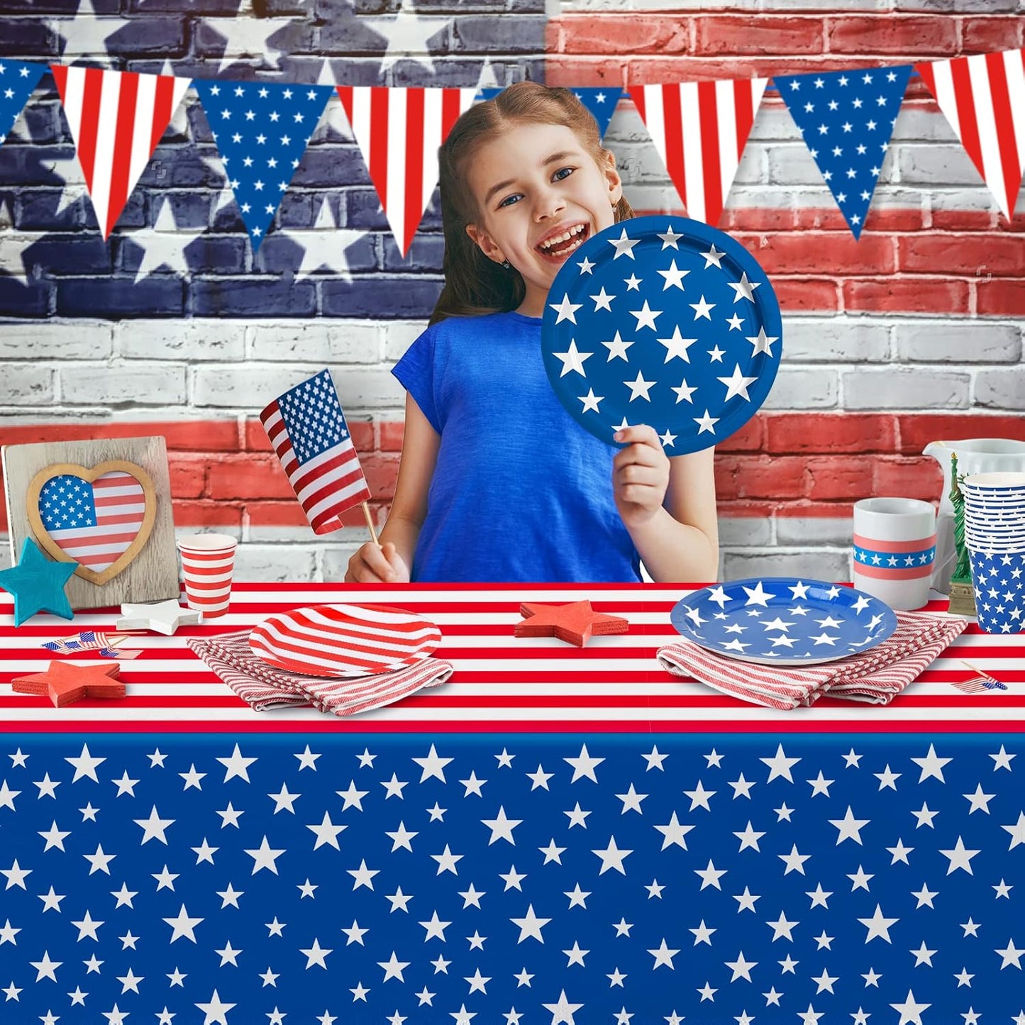 4th of July American Flag Patriotic Party Supplies Disposable Paper Plates Napkins Cocktail Napkins Cups Tablecloth and Banner for Election Day 4th of July Independence Day Decorations, Serve 25
