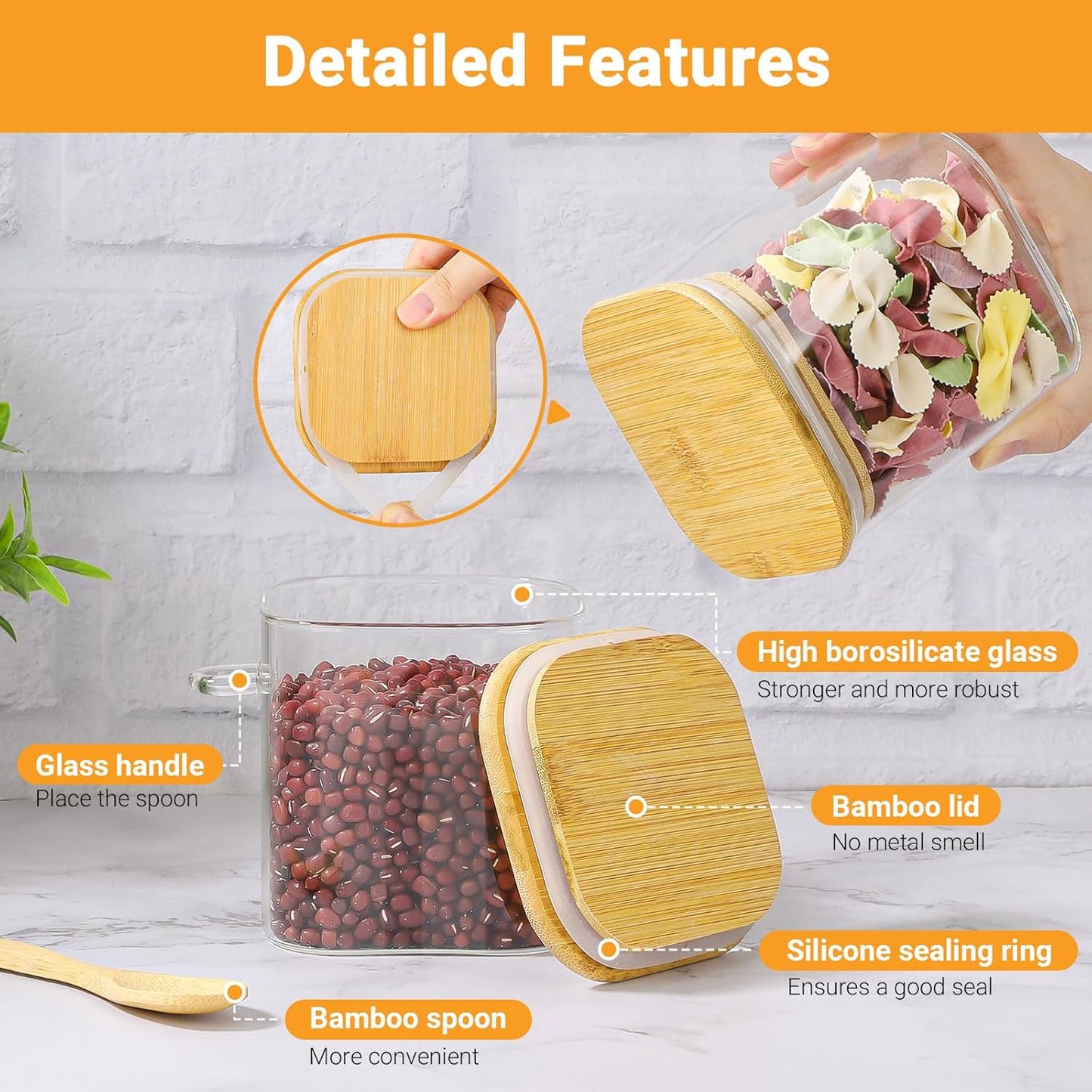 Glass Jars with Bamboo Lids - 4 Pack 24 Fl.oz Square Glass Mason Jars with Airtight Lid and Spoon, Clear Kitchen Pantry Container Stackable Food Canister for Coffee, Sugar, Tea, Candy, Cookie