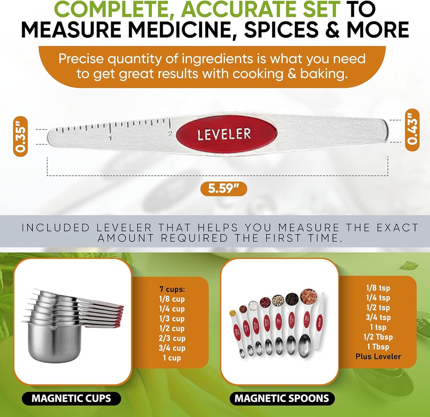 Spring Chef Magnetic Measuring Cups & Spoons Set, Patented, Strong N45 Magnets, Heavy Duty Stainless Steel Fits in Spice Jars for Baking & Cooking, BPA Free, Round Set of 15 with Leveler, Red