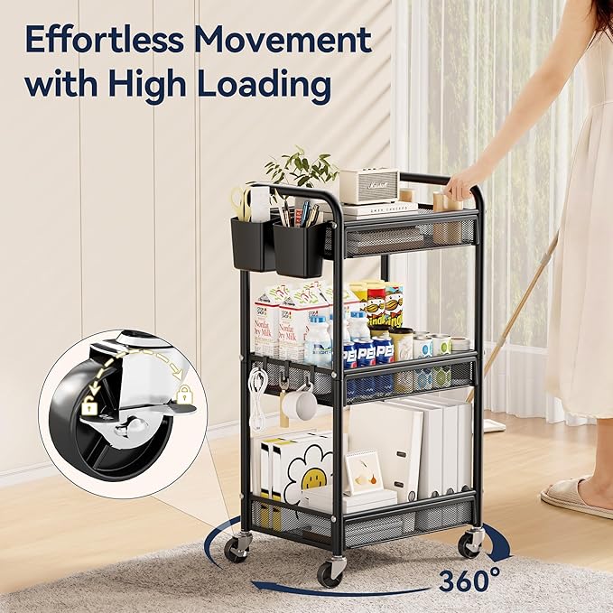 YASONIC 3 Tier Rolling Cart – Metal Utility Storage Carts with Wheels, Craft Cart Organizer with Hanging Cups, Hooks, Mesh Basket for Bedside Kitchen Office Art, Black