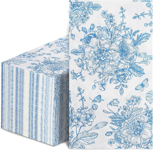 100 Pcs Blue Floral Guest Napkins Disposable Hand Towels for Bathroom Blue and White Paper Napkins Decorative Toile Napkin Chinoiserie Napkin for Wedding, Bridal & Baby Shower, Tea Party