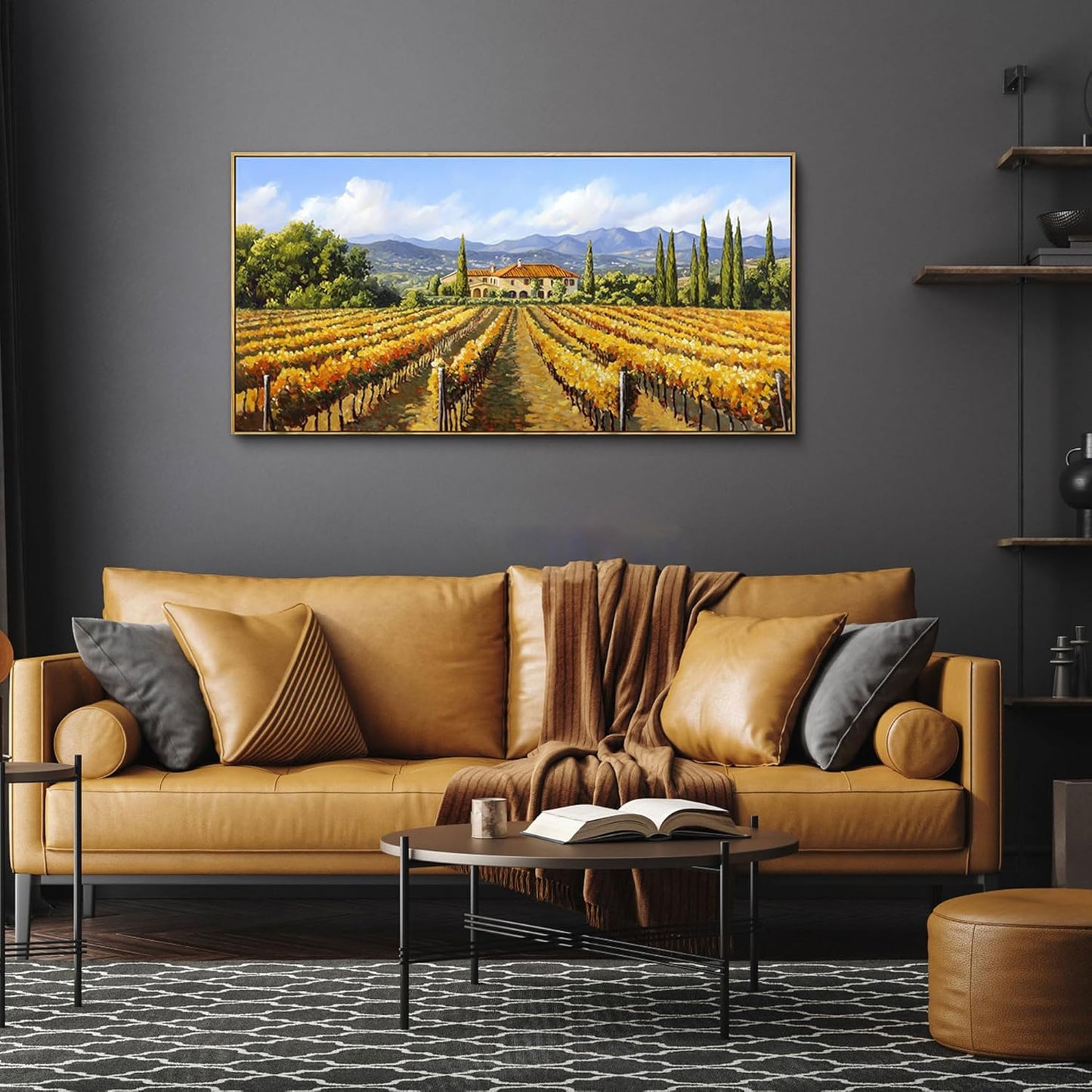 XLSJERST Fall Picture - Orange Wall Art Vineyard Large Landscape Autumn Framed Wall Decor Living Room Vintage Artwork Nature Forest Canvas Wall Art for Bedroom Office Fall Wall Decor - 40x20 Inches
