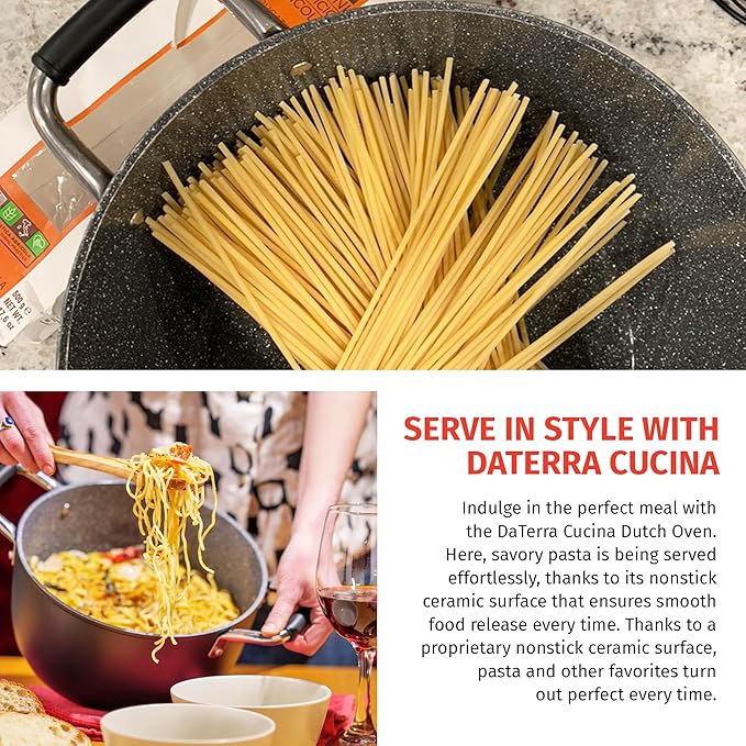 DaTerra Cucina – 8 Qt Nonstick Ceramic Dutch Oven with Lid – Large Oven Safe Stock Pot, Induction Compatible, Lightweight, Lead & PFOA Free, Volcanic Black, Durable Nonstick Cookware – Made in Italy