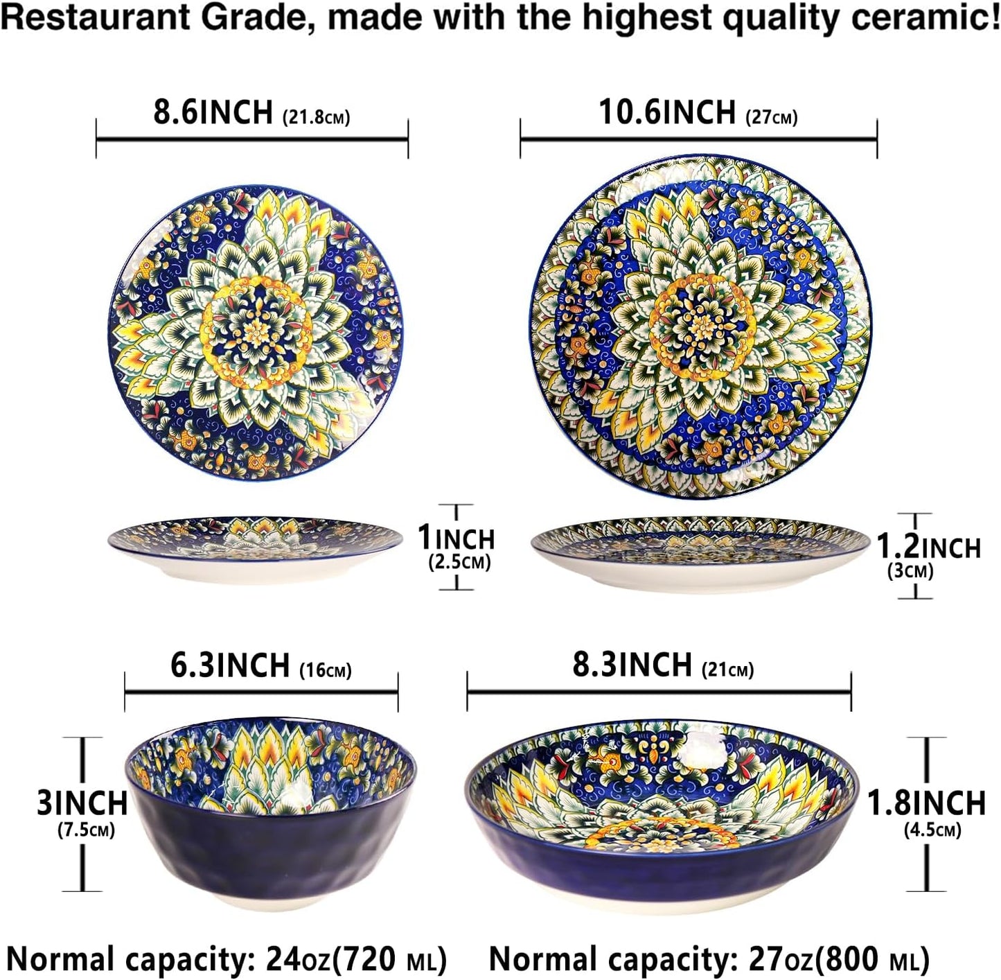 Mandala Dinnerware Sets, Plates and Bowls Set, Porcelain Dishes (16 Pieces) Service for 4, Zanzibar, Bohemian Style Dining Ware, for Kitchen and Dining Multicolor Dinnerware Set, Blue