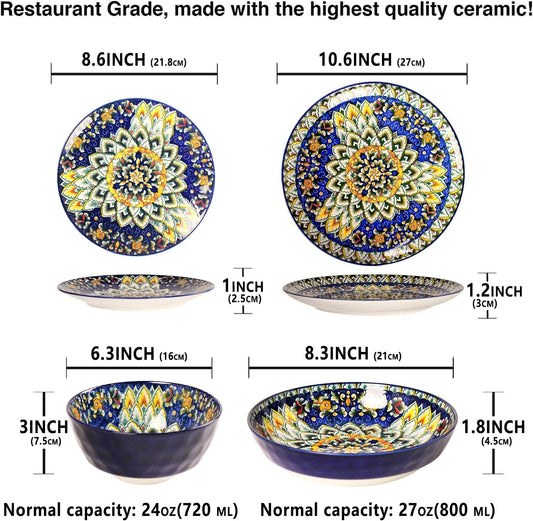 Mandala Dinnerware Sets, Plates and Bowls Set, Porcelain Dishes (16 Pieces) Service for 4, Zanzibar, Bohemian Style Dining Ware, for Kitchen and Dining Multicolor Dinnerware Set, Blue