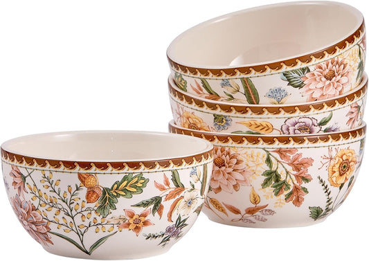 Bico Blooming Moment Cereal Bowls Set of 4, 26 oz Deep Ceramic Soup Bowls for Cereal, Salad, Noodles, Kitchen, Microwave and Dishwasher Safe, Gift for Housewarming and Thanksgiving