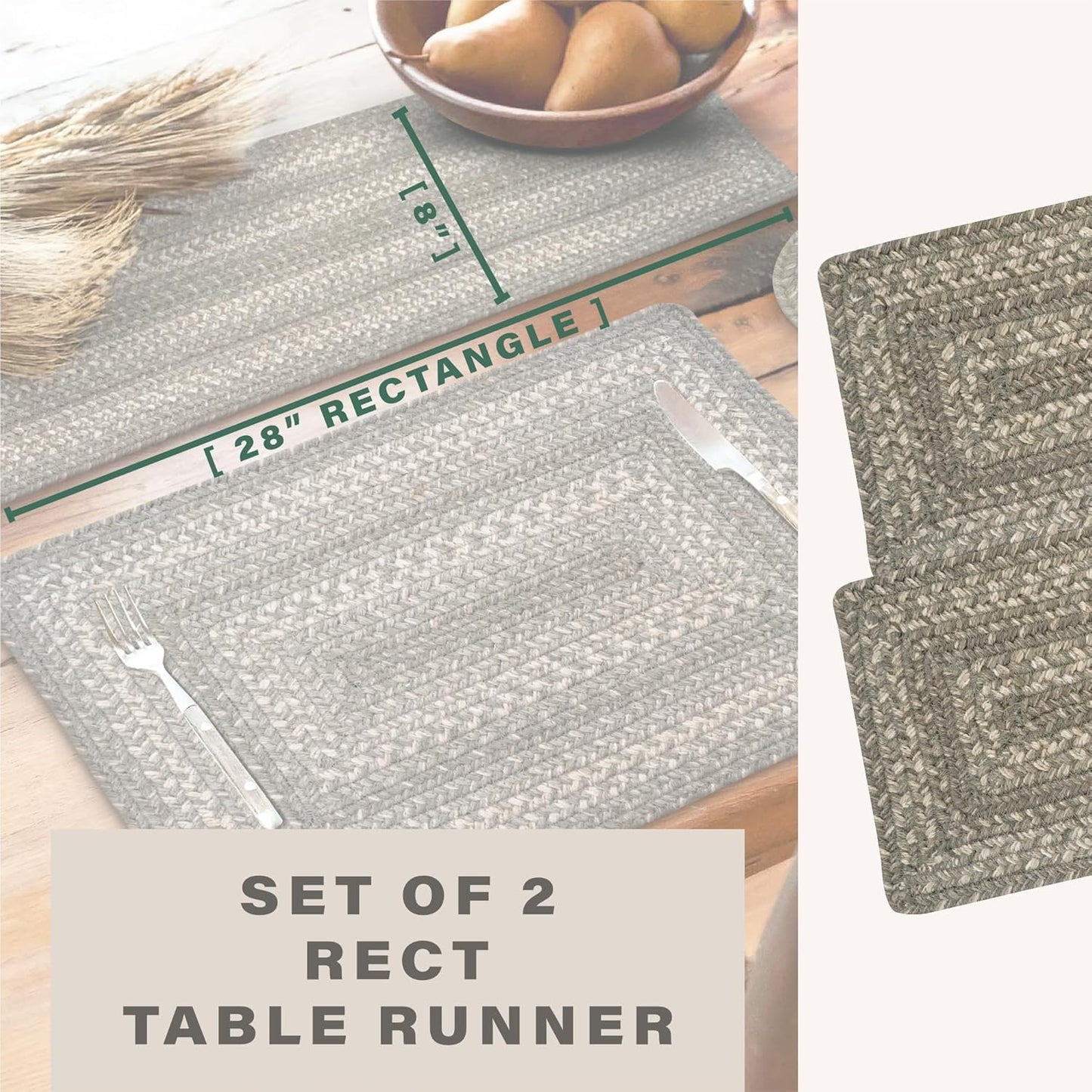 Homespice Grey Cloud Jute Braided Small Table Runners, Farmhouse Country Decor, Set of 2, Grey Rectangle 8x28 - Rich Colors, Easy to Clean, Durable and Protects Furniture