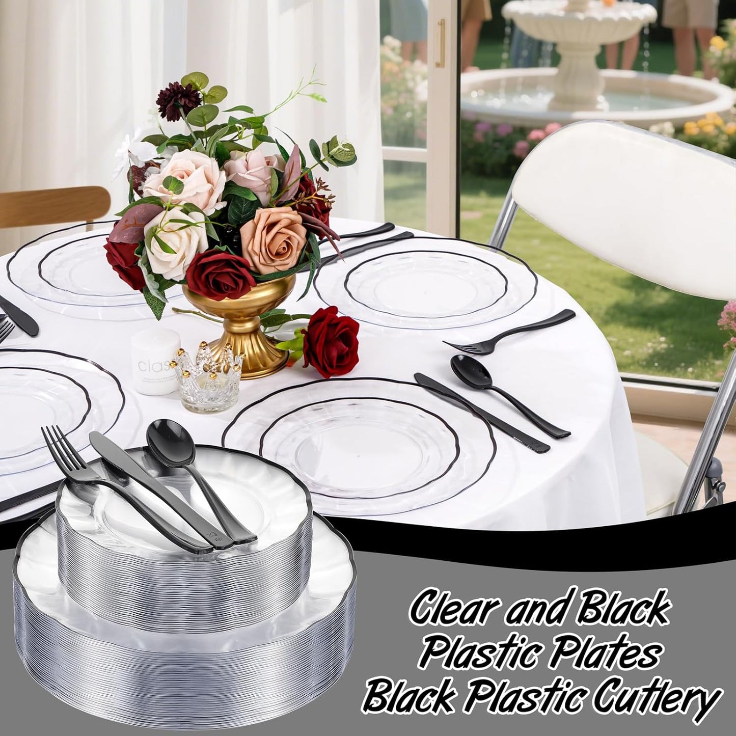 EI 150pcs Clear and Black Plastic Plates Dinnerware Disposable Party Set for 30Guests,Dinnerware Include 60 Clear Plates Disposable 90 Black Silverware,Perfect for Party&Halloween&Wedding