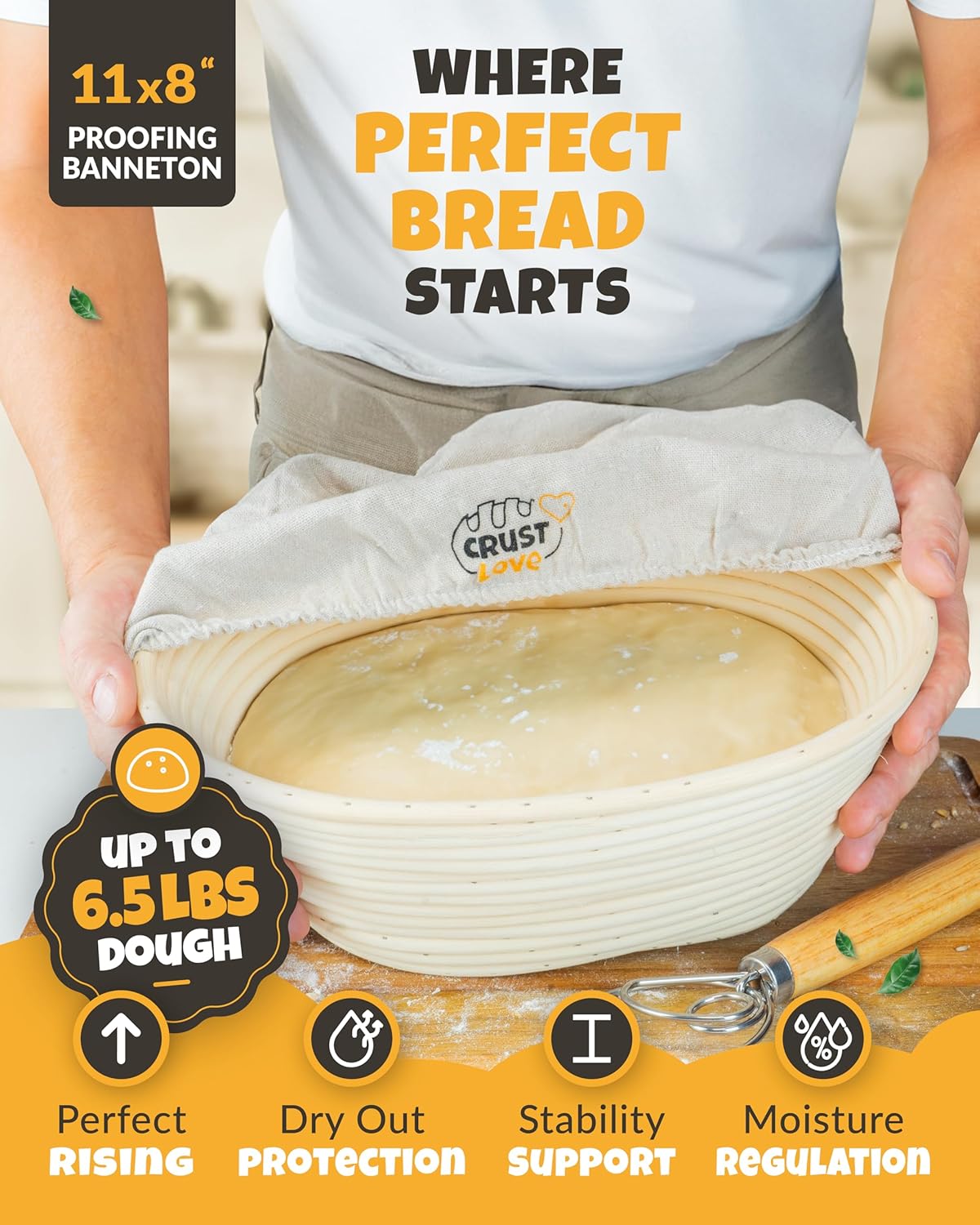 Dutch Oven for Bread Baking - incl. Sourdough Bread-Baking Supplies like Banneton Bread-Proofing Basket - 6.75QT Enameled Oval Cast Iron Bread-Oven with Lid, Bread-Pan Sour Dough Starter Kit