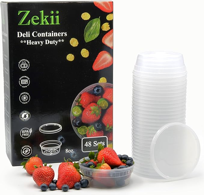 Zekii EXTRA THICK Deli Containers with Lids, Soup Containers w/Lids Airtight, 48Sets 8oz, Disposable, BPA Free, Takeout soup Cups, Meal Prep, Food Storage w/Measurements