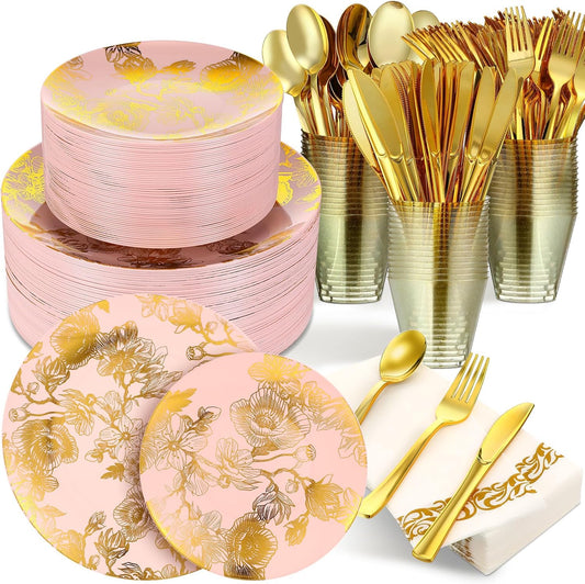 Tioncy 350 Pcs Gold Floral Plastic Dinnerware for 50 Guests Disposable Dinnerware Set Include Plates, Forks, Knives, Spoons, Cups, Napkins for Christmas Party Wedding Baby Shower(Pink Base Color)