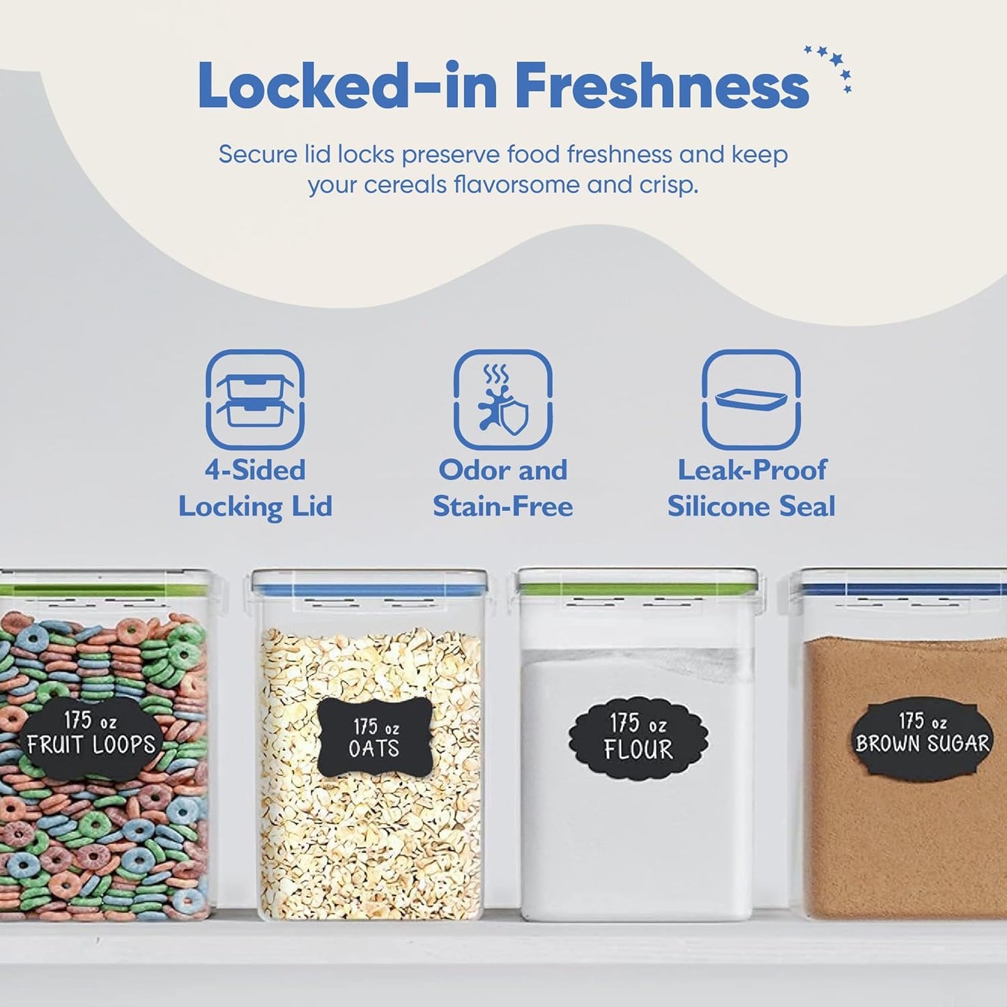 Chef's Path Kitchen Storage Box Set of 4 Extra Large Airtight Food Storage Jars for Sugar Flour Cereal Rice - Measuring Spoons, Pen and Food Preservation Labels (5.2 L)